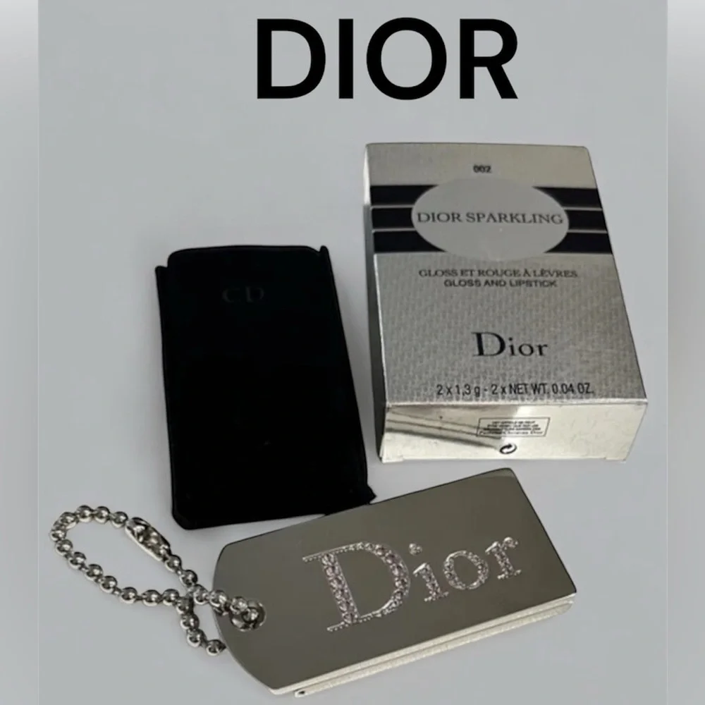 Dior Silver Sparkling Dog Tag Lip Duo Palette Keychain Vintage - Mauve Pearl